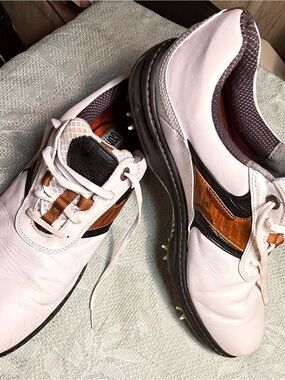 FootJoy Men's Athletic Golf Shoes in White with Brown and Black Accents